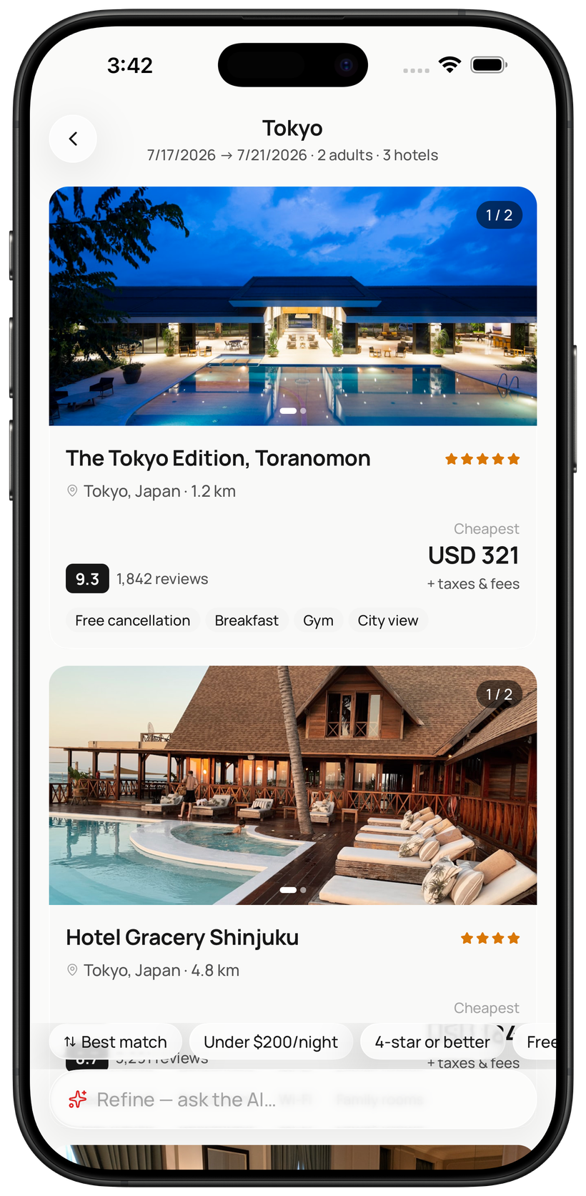 GetMyHotels app showing ranked hotel results in Tokyo